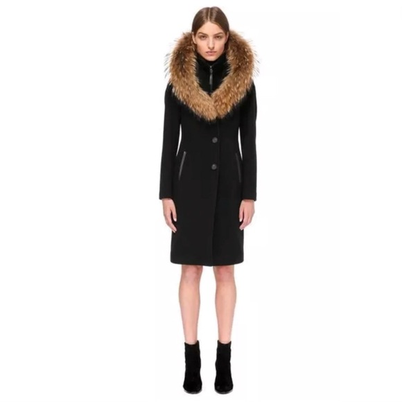 Mackage Black Mila cashmere blend real fur hood trim wool jacket size medium - Picture 4 of 8